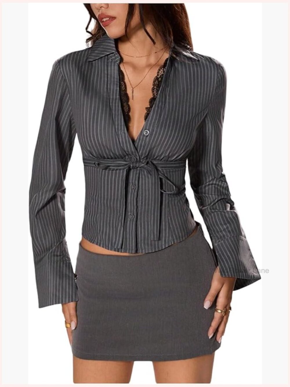 Striped Button Down Shirt Lace Collar Bell Sleeve Tie Blouse